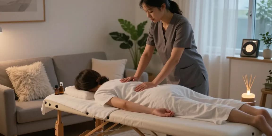 Relaxing 동탄출장안마 session in a cozy home with professional therapist and calming atmosphere.