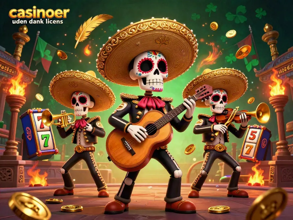 Experience casinoer uden dansk licens with a vibrant 3D mariachi band surrounded by colorful slot elements in this illustration.