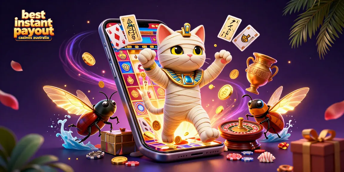 Engage with the best instant payout casinos australia showing an Egyptian mummy cat and dynamic casino elements.