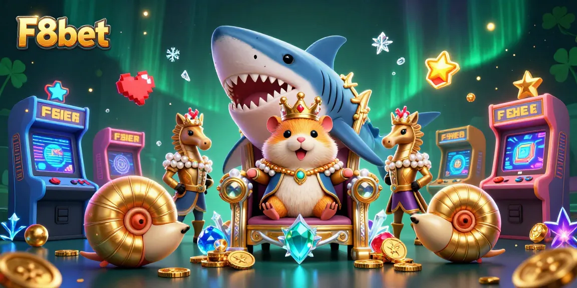 Engage with F8bet's vibrant gaming world featuring a hamster king and royal guardians in an electrifying casino scene.