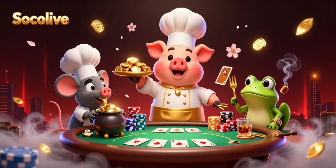 Socolive features a whimsical scene with a chef pig and a sous-chef mouse amidst a vibrant poker night.