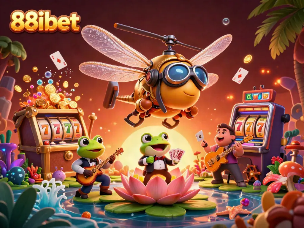 Play and win at 88ibet with a vibrant casino illustration featuring a dragonfly pilot and frog croupier.