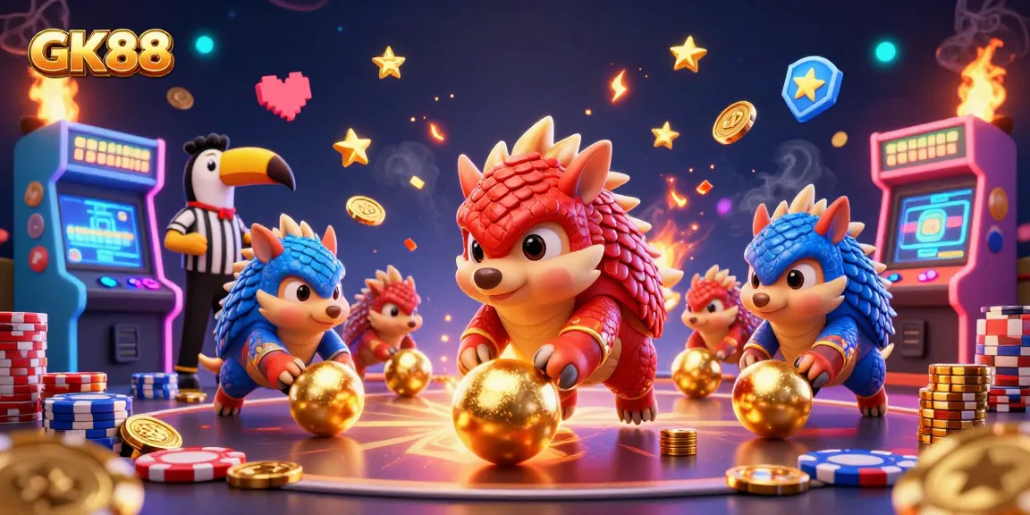 Experience thrilling gaming with GK88 as pangolins compete in a vibrant casino setting.
