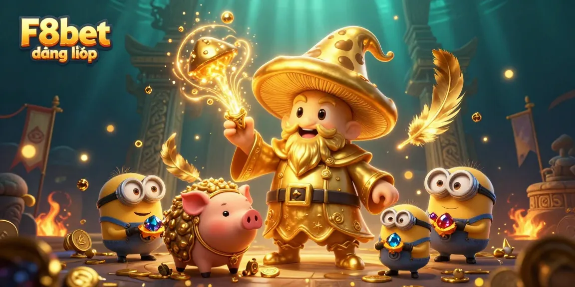 Join the adventure with F8bet đăng nhập, where golden treasures and magical moments await in this dynamic casino illustration.