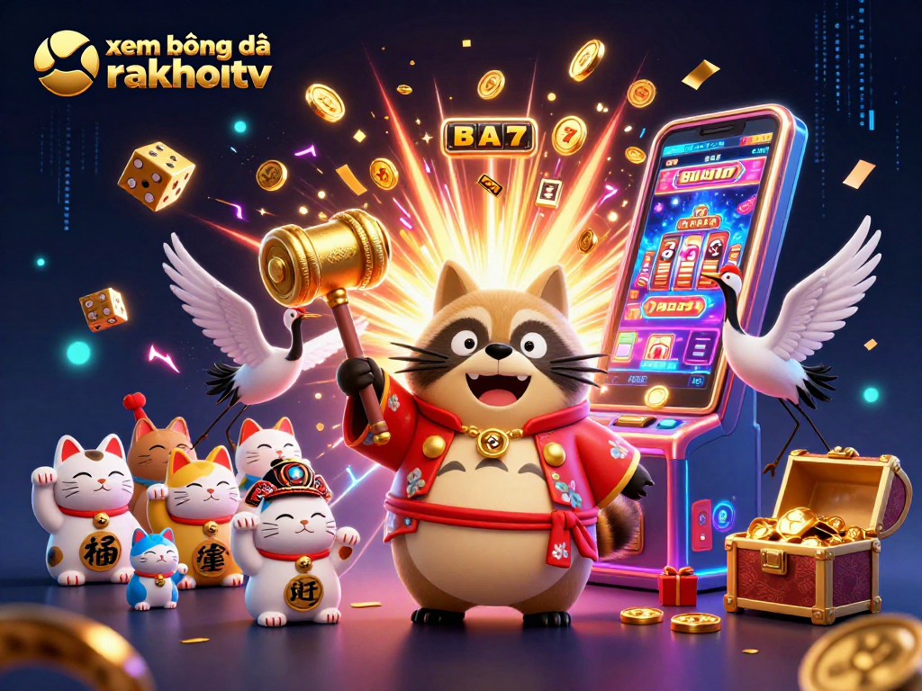 xem bóng đá rakhoitv showcases a cheerful tanuki character with a lucky mallet amidst dynamic casino elements.