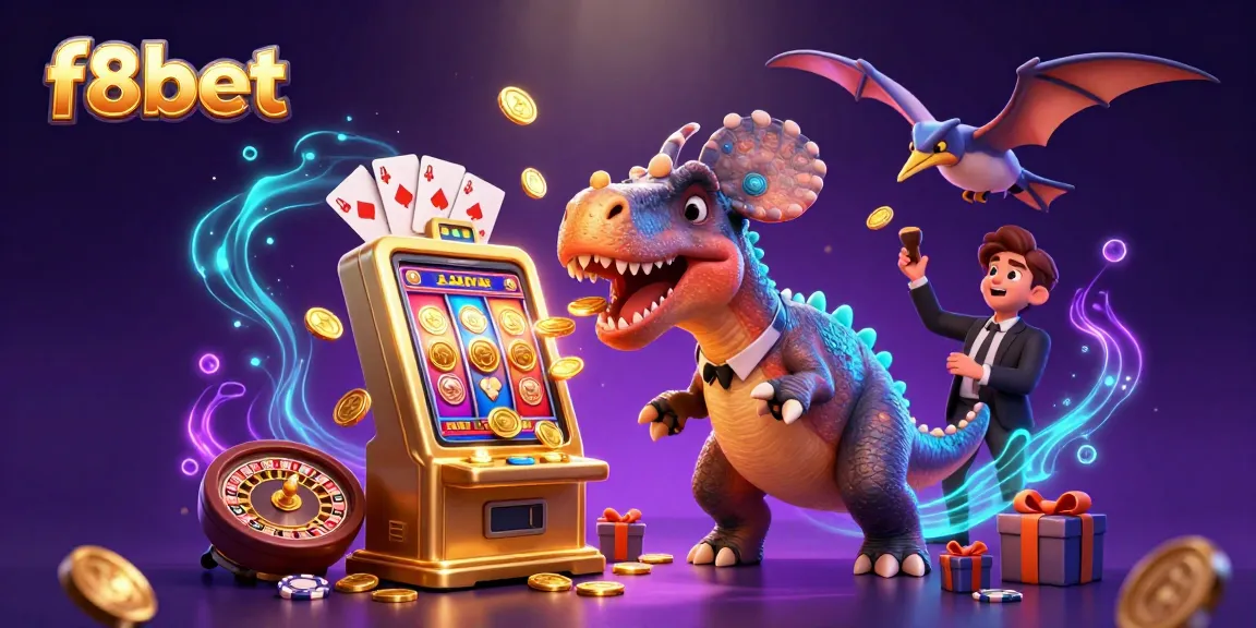 Experience f8bet's thrilling jackpot scene with dinosaurs and golden coins in a vibrant casino setting.