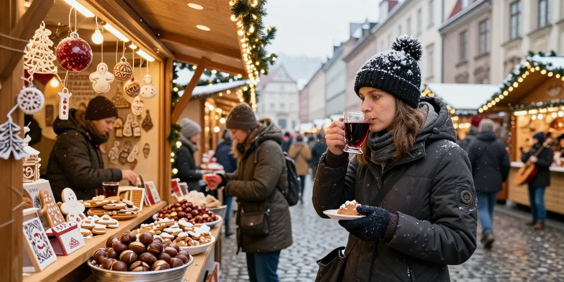 Julmarknader i Europa med festliga stånd, snö och glögg i en livlig stad.