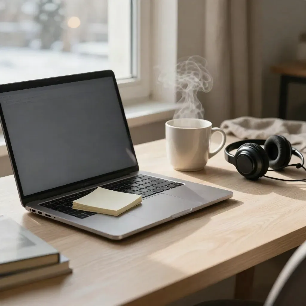 Närbild av stängd laptop, sticky notes, kopp te och headset i vintermorgonljus vid fönster.