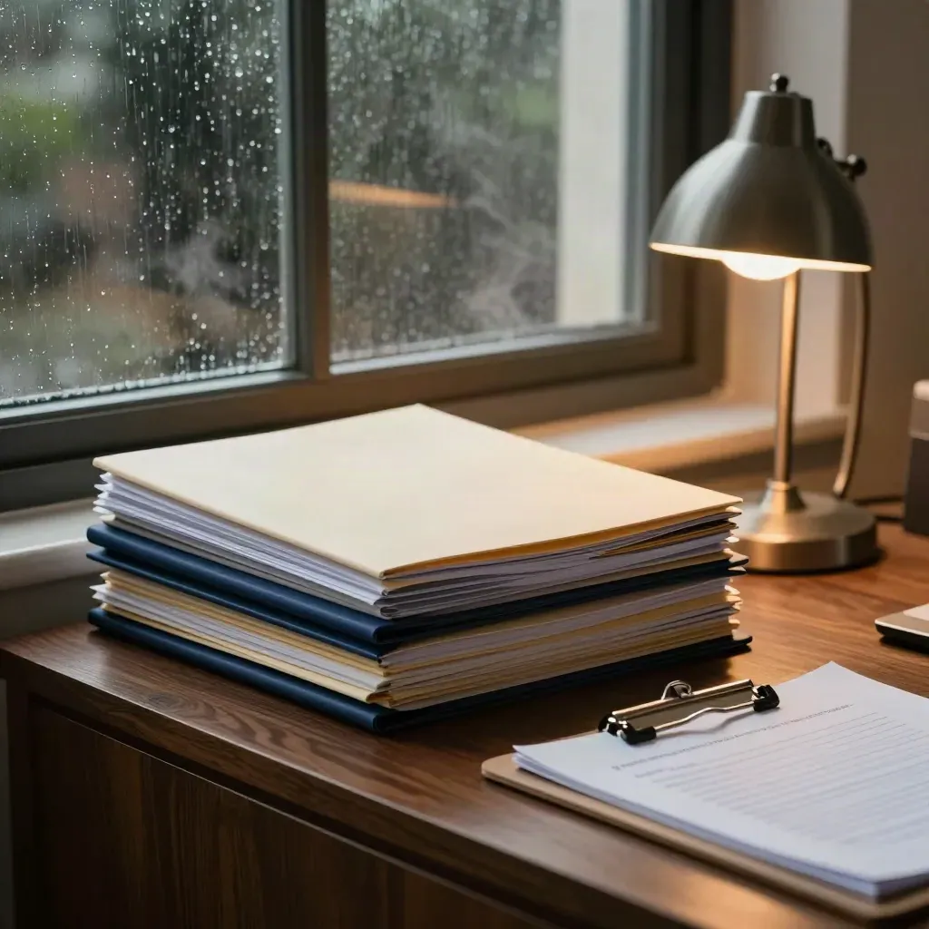 Pärm, clipboard och bordslampa i ett litet kontor med regn mot fönstret.