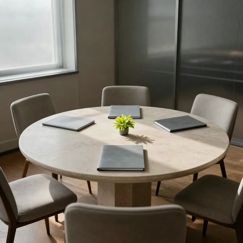 Symmetrisk mötesbord med tre stolar, liten växt och tre stängda mappar i mjukt dagsljus