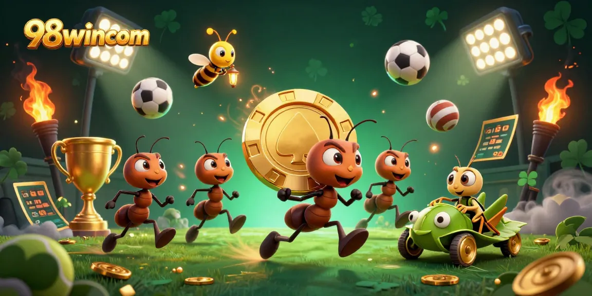 Ants in a heist carry a giant poker chip at 98wincom inside a dynamic gaming scene.
