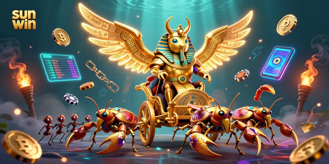 Engage in thrilling gameplay at sun win with a dynamic 3D casino scene featuring golden scarabs and Bitcoin coins.