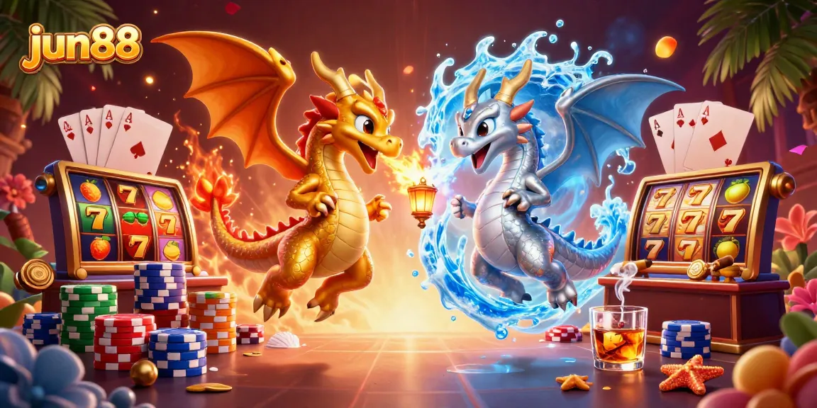 Engage with jun88 in this vibrant illustration showcasing exciting slot elements and dynamic dragon characters.