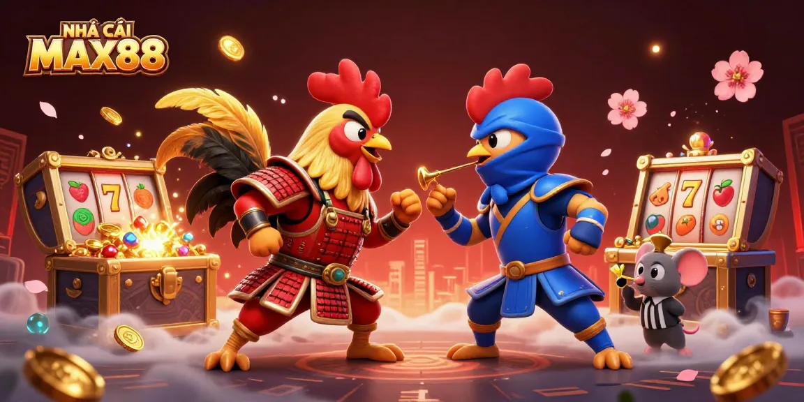 Engage with NHÀ CÁI MAX88 through a vibrant 3D illustration of dual fighting roosters amidst casino elements.