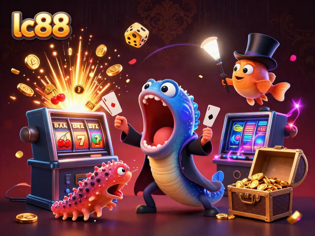Engage in thrilling games at lc88 with a dazzling 3D casino illustration featuring vibrant characters.