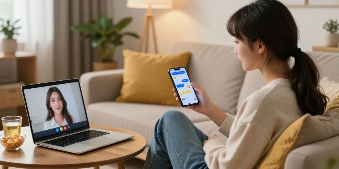 User interacting with girlfriend AI on smartphone, showcasing lively chat interface in a cozy home setting.