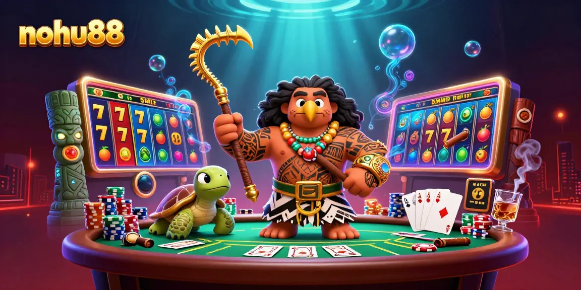 Engage in thrilling gameplay on nohu88 with a vibrant scene featuring a demigod, slot reels, and poker elements.
