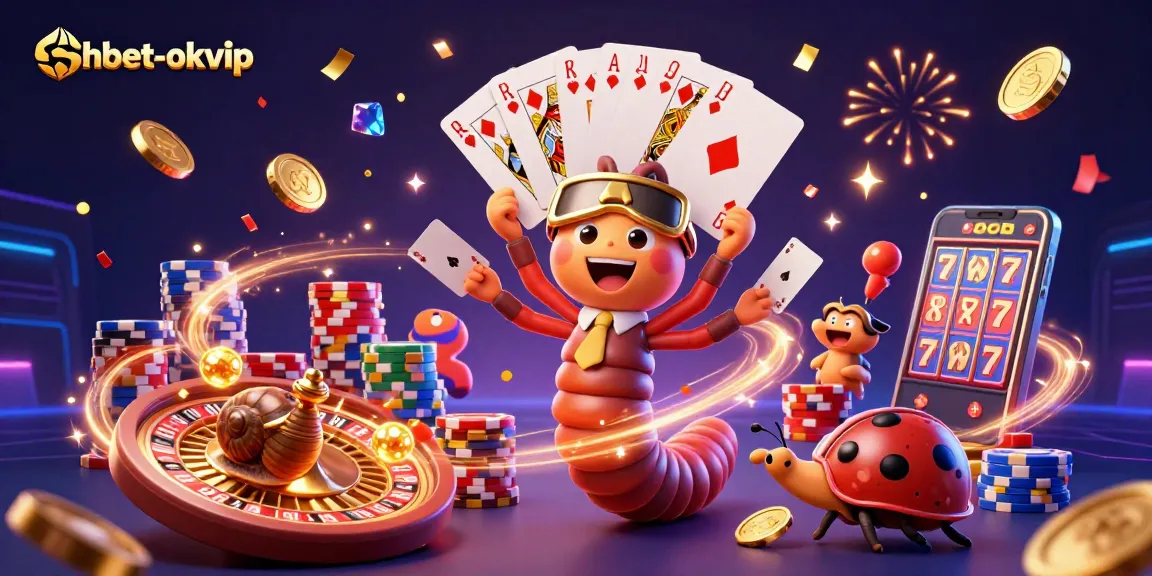 shbet-okvip showcases a lively 3D casino scene bursting with excitement from vibrant characters and casino elements.