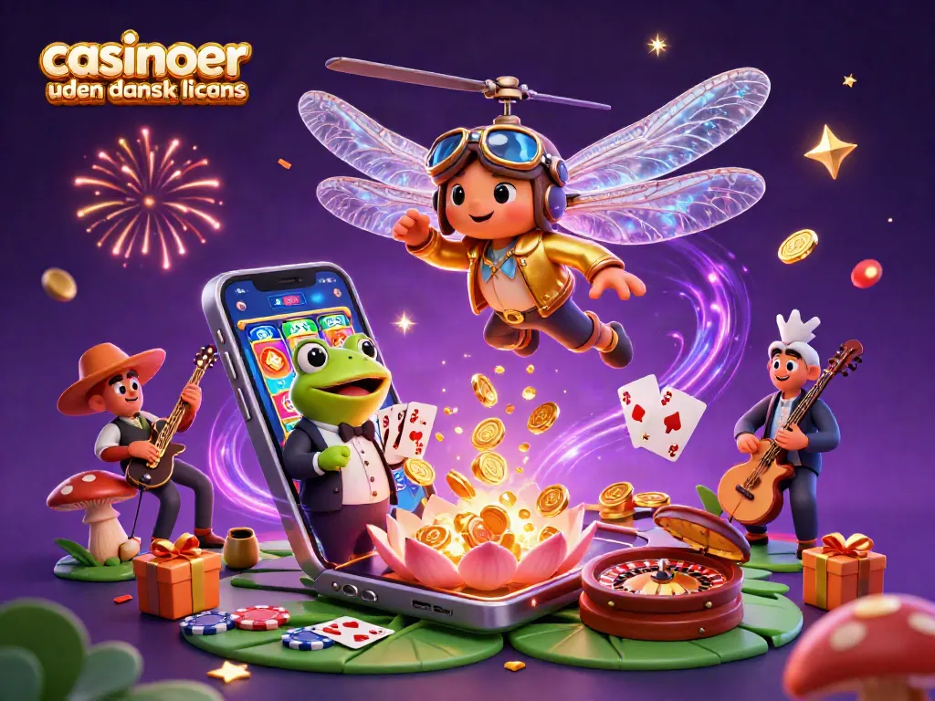 Engaging scene featuring casinoer uden dansk licens with a dragonfly helicopter pilot and a frog croupier card dealing.