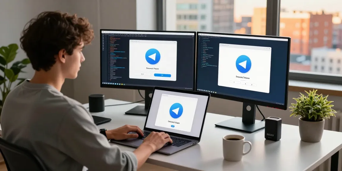 Download Telegram on a modern workspace with dual monitors and tech gadgets.