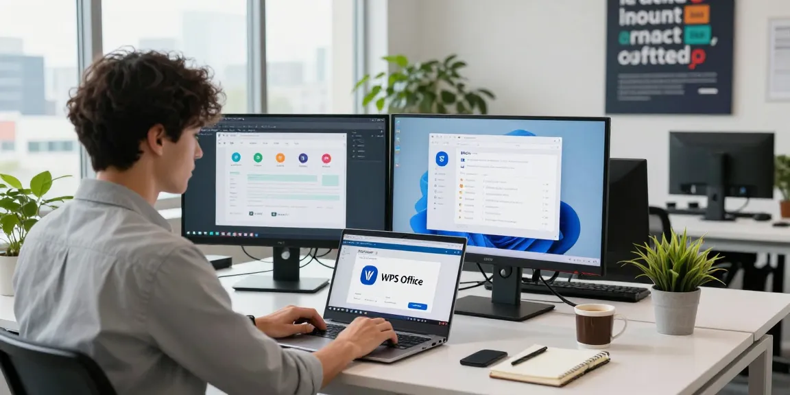 WPS Download setup in a modern office with vibrant monitors and tech gadgets, showcasing productivity.