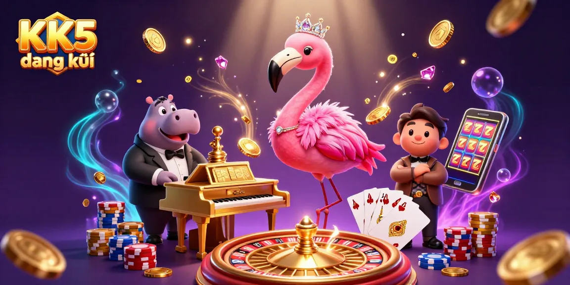 Experience KK5 đăng ký with a vibrant casino atmosphere featuring a flamingo singer and festive gaming elements.