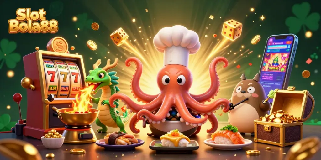 Experience thrilling wins with Slot Bola88 in this vibrant 3D casino scene.