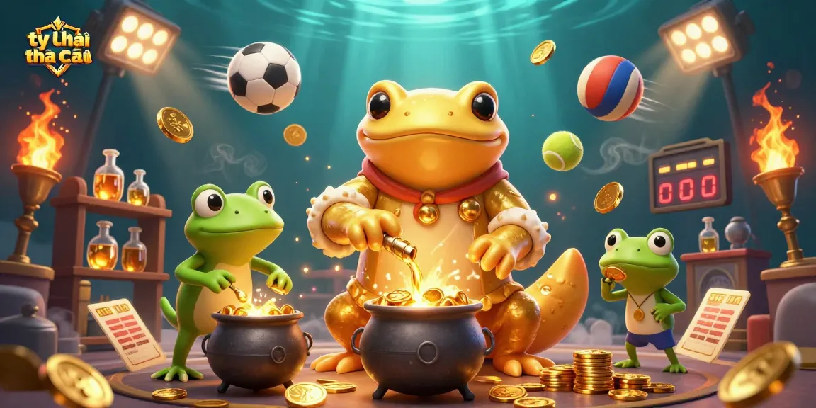 Experience the action of tỷ lệ nhà cái as golden coins and sports balls fly around a whimsical alchemist