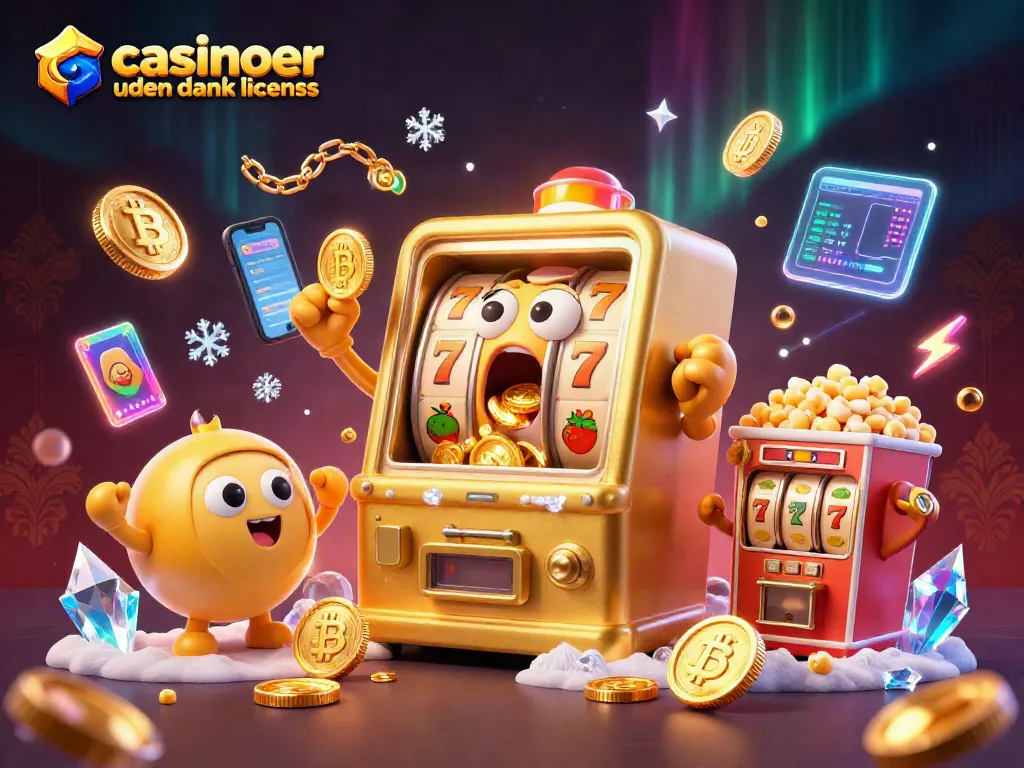 Exciting caricature of a golden slot machine celebrating wins at casinoer uden dansk licens, surrounded by cheering baby slots and gaming elements.