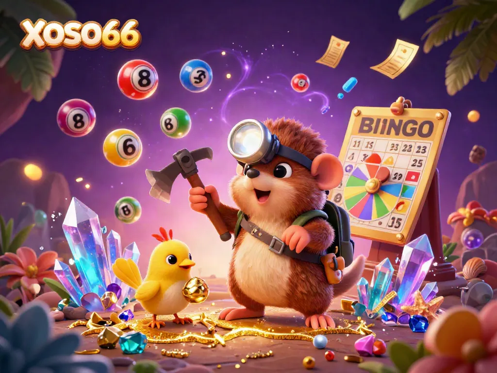 XOSO66 showcases an excited mole mining for treasures in a vibrant casino-themed digital illustration.