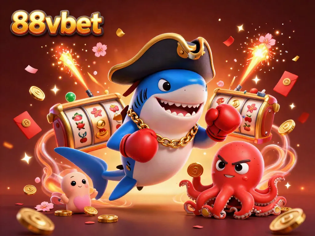 Experience the thrill of 88vbet with a pirate shark and colorful casino elements in this dynamic scene.