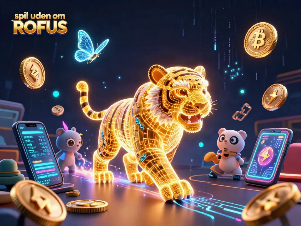 Engage in spil uden om ROFUS with thrilling casino adventures featuring neon-wireframe characters and crypto elements.