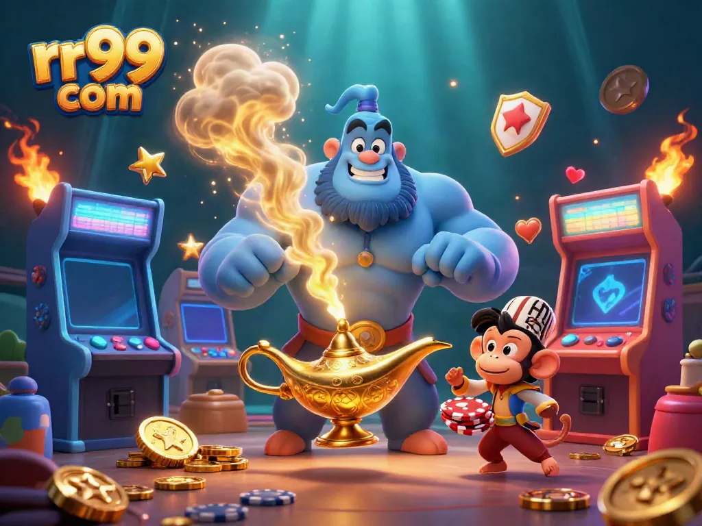 Engage with rr99 com in a vibrant 3D casino illustration featuring a genie, monkey, and poker chips.