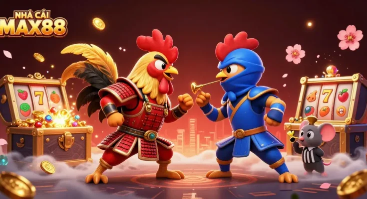 Engage with NHÀ CÁI MAX88 through a vibrant 3D illustration of dual fighting roosters amidst casino elements.